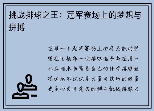 挑战排球之王：冠军赛场上的梦想与拼搏